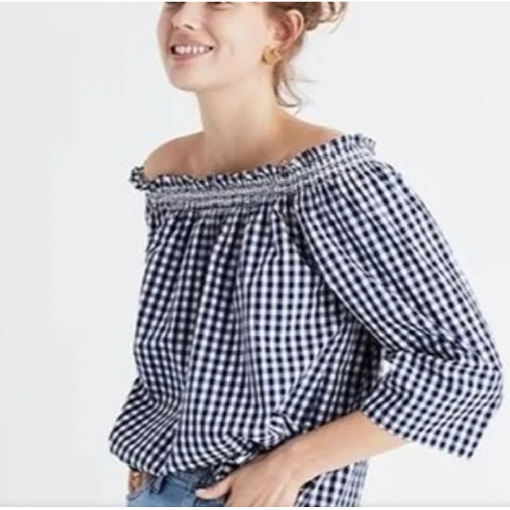 MADEWELL blue gingham cold shoulder navy white top sleeve smocked size XXS